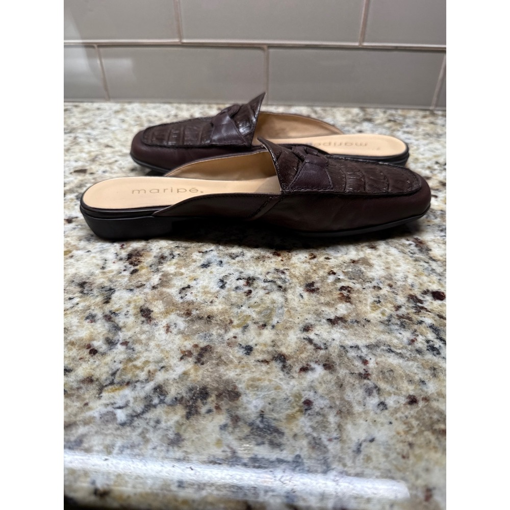 Maripe Jennifer Brown Leather Croc Embossed Mules Loafer Slides Womens 7.5 M - Picture 8 of 9